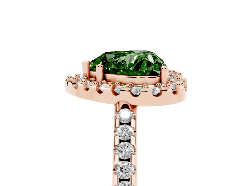 Heart-Shaped Pave Halo Engagement Ring Setting for a Fancy Green Lab-Grown Diamond | Pave Band | Rose Gold
