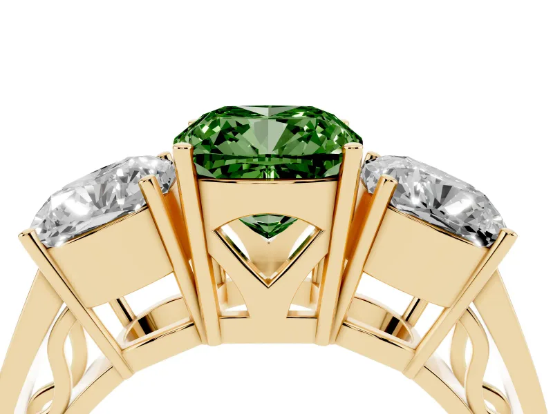 Fancy Green Cushion Cut Diamond Three-Stone Ring Set in Yellow gold with Textured Band