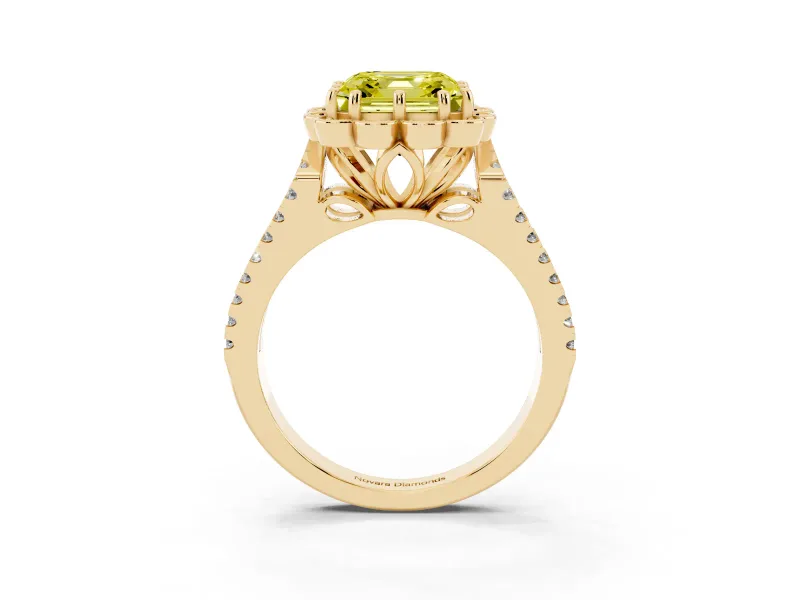 Asscher Cut Floral Halo Engagement Ring Setting for a Fancy Yellow Lab-Grown Diamond | Pavé Split Shank | Yellow Gold