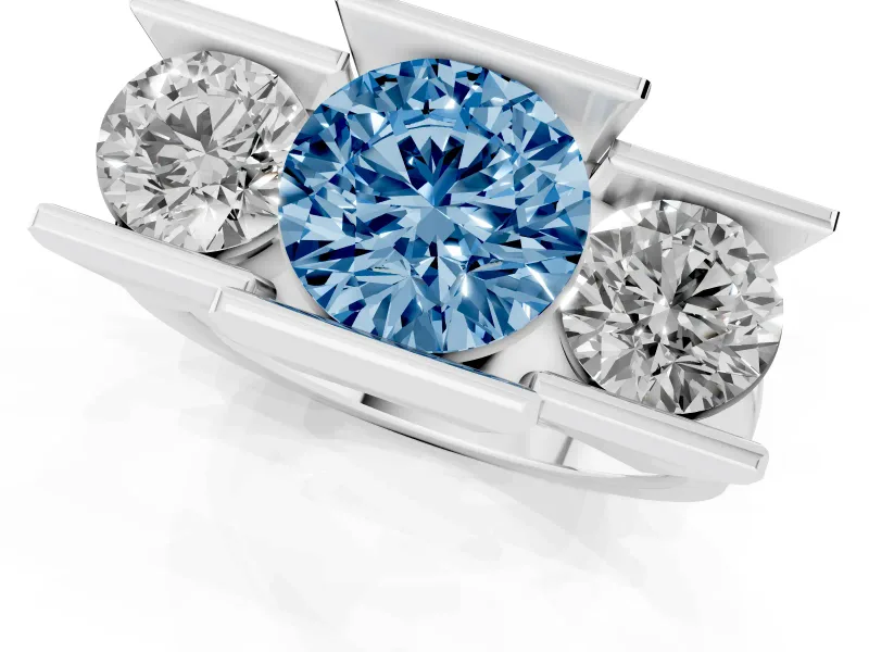 Round Channel-Set Three Stone Engagement Ring Setting for a Fancy Blue Lab-Grown Diamond | Wide Flat Band | White Gold