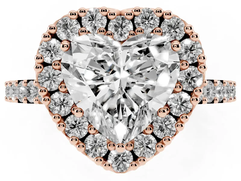 Heart Cut Diamond Halo Pavé Solitaire Ring Set in Rose gold with Prong-Set Center Stone