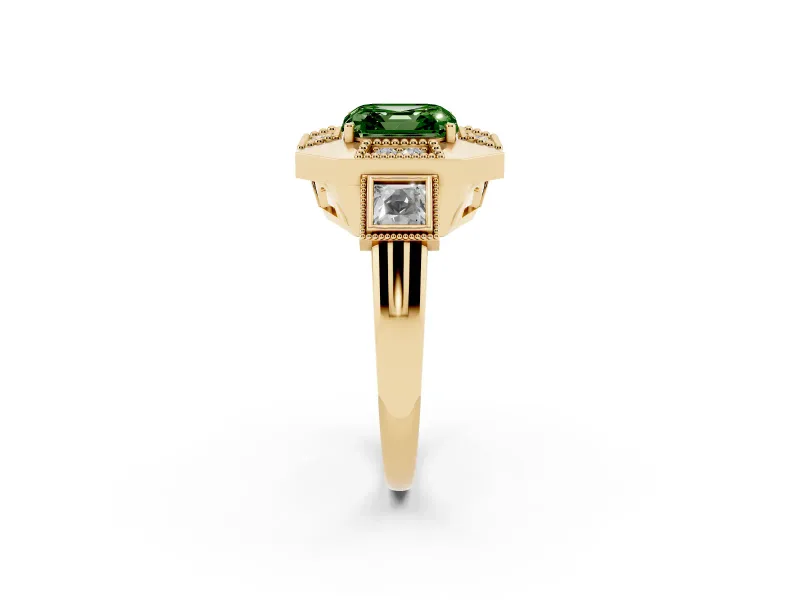 Asscher Cut Milgrain Sectioned Halo Engagement Ring Setting for a Fancy Green Lab-Grown Diamond | Yellow Gold
