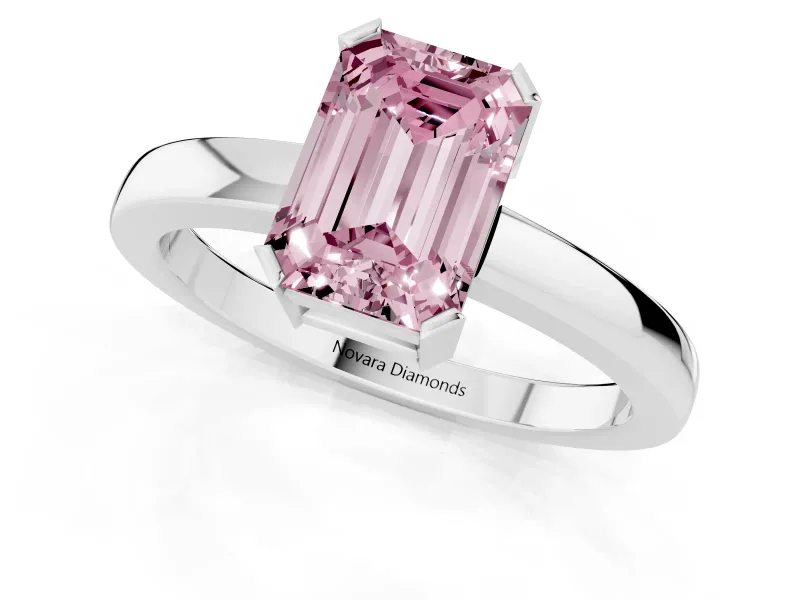 Fancy Pink Emerald Cut Diamond Solitaire Ring Set in Silver with Prong Head and Smooth Polished Band