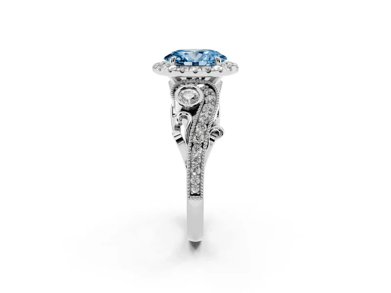 Fancy Blue Oval Cut Diamond Halo Ring Set in Platinum with Milgrain Pavé Band and Prong Setting
