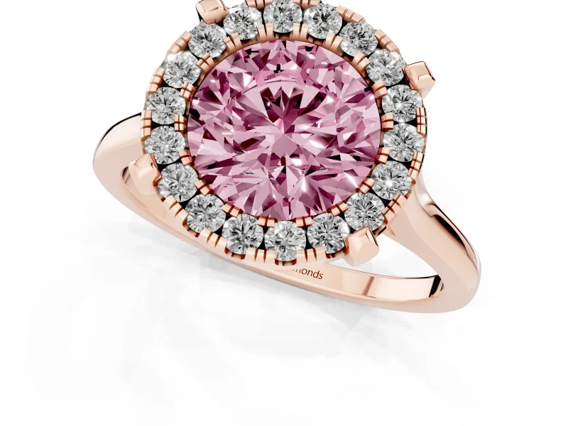 Round Halo Engagement Ring Setting for a Fancy Pink Lab-Grown Diamond | Claw Corners | Rose Gold