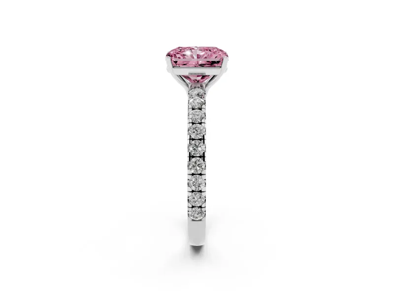 Radiant Cut Pave Solitaire Engagement Ring Setting for a Fancy Pink Lab-Grown Diamond | Shared Prong Band | Platinum