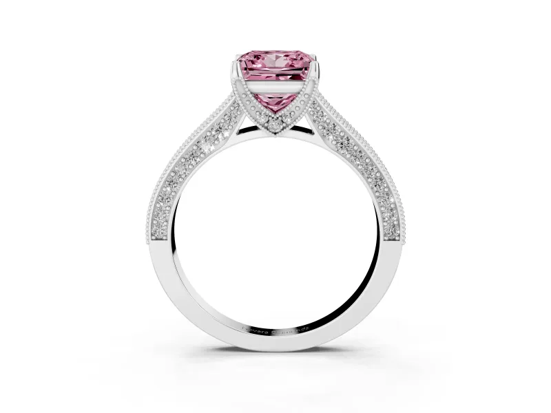 Princess Cut Hidden Halo Engagement Ring Setting for a Fancy Pink Lab-Grown Diamond | Milgrain Pave | Platinum
