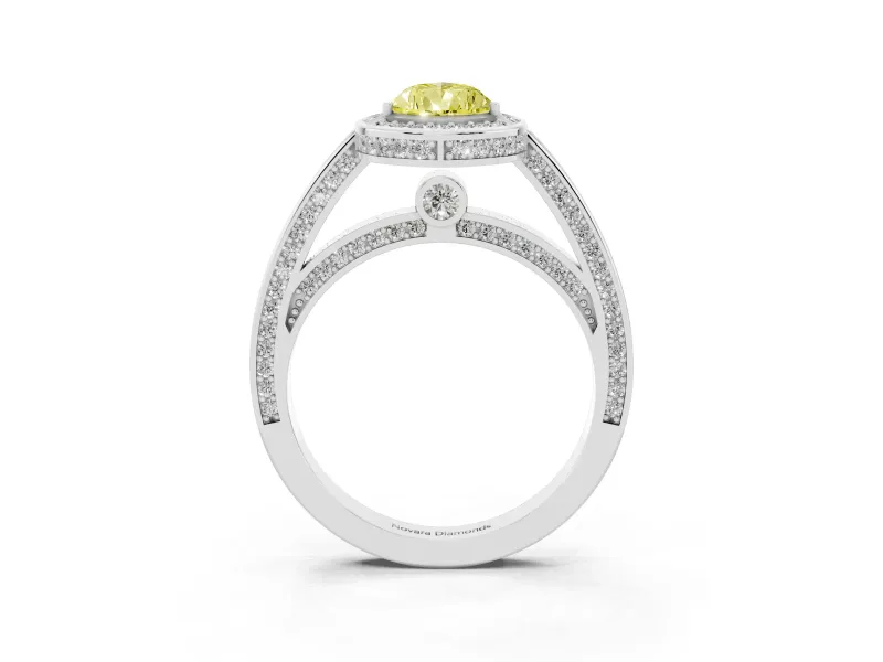 Fancy Yellow Pear Cut Diamond Halo Pavé Split Shank Ring Set in White gold with Prong Setting