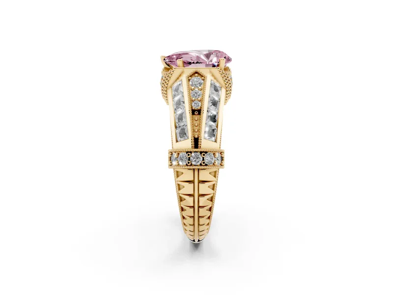 Fancy Pink Pear Cut Diamond Vintage-Inspired Milgrain Ring Set in Yellow gold with Accent Split Shank