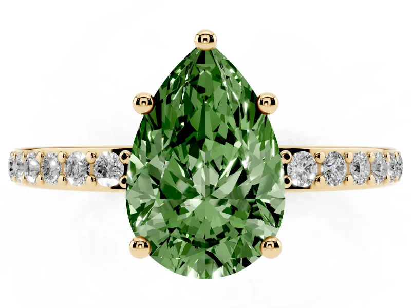 Fancy Green Pear Cut Diamond Pavé Band Ring Set in Yellow gold with Prong-Set Center Stone