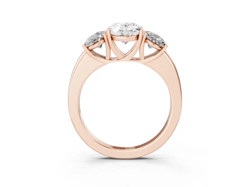 Oval Cut Diamond Three-Stone Ring Set in Rose gold with Bold Center and Classic Band