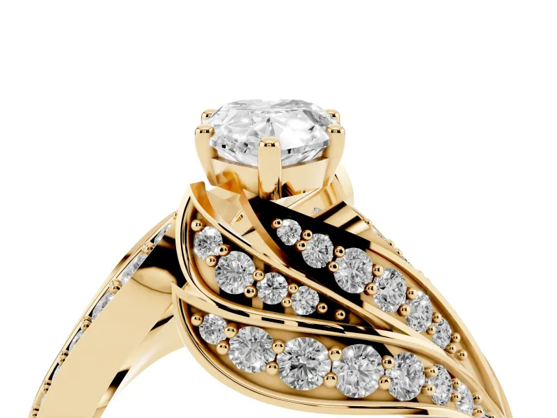 Pear Cut Diamond Solitaire Ring Set in Yellow gold with Layered Twist Pavé Band