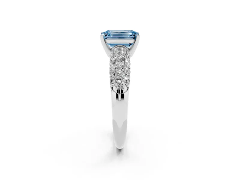 Emerald Cut Close Set Pave Engagement Ring Setting for a Fancy Blue Lab-Grown Diamond | Multi Row | Sterling Silver