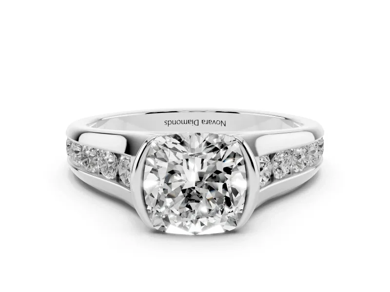 Cushion Cut Diamond Bezel-Set Solitaire Ring Set in White gold with Channel-Set Band