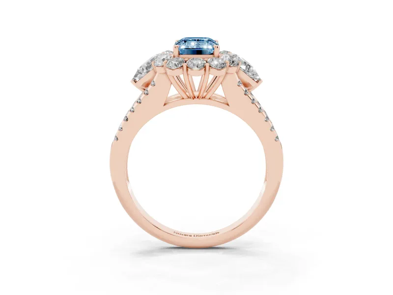 Emerald Cut Scalloped Halo Engagement Ring Setting for a Fancy Blue Lab-Grown Diamond | Pear Side Stones | Rose Gold