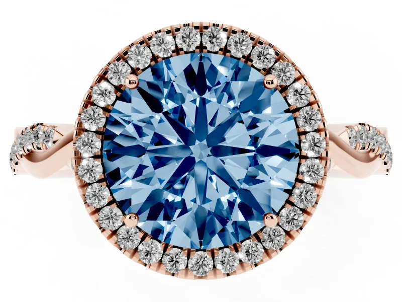 Round Halo Engagement Ring Setting for a Fancy Blue Lab-Grown Diamond | Pavé Twist Band | Rose Gold