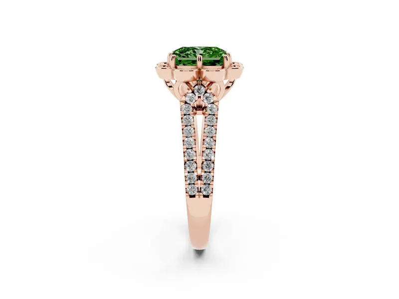 Radiant Cut Floral Halo Engagement Ring Setting for a Fancy Green Lab-Grown Diamond | Pavé Split Shank | Rose Gold