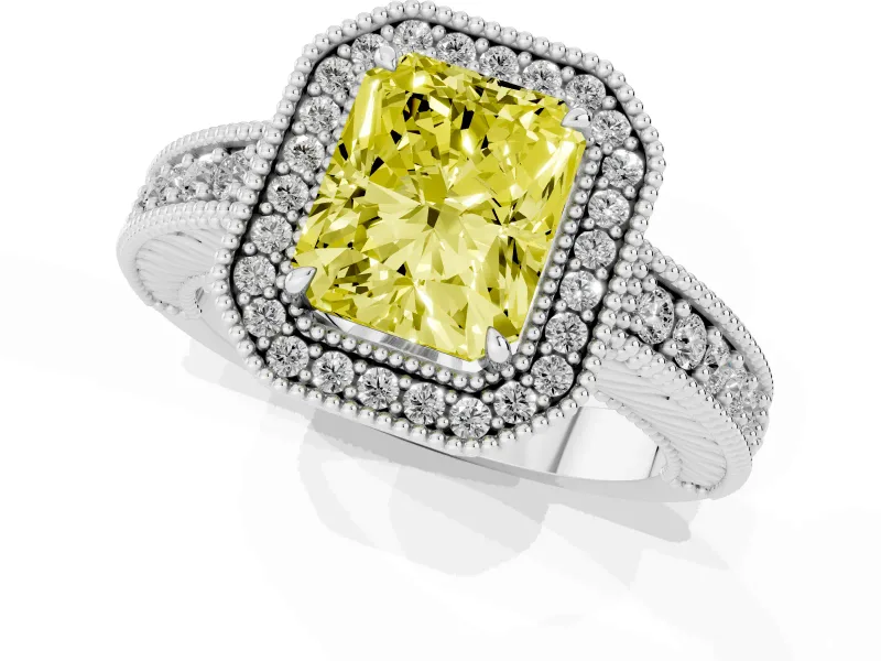 Fancy Yellow Radiant Cut Diamond Halo Ring Set in Silver with Round Accent Halo, Pavé Band and Prong Setting