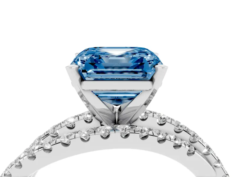 Fancy Blue Asscher Cut Diamond Solitaire Twist Band Ring Set in White gold with Pavé Setting and Prong Head
