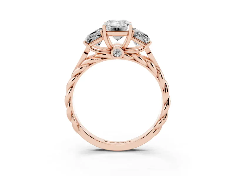 Emerald Cut Diamond Three-Stone Ring Set in Rose gold with Braided Band