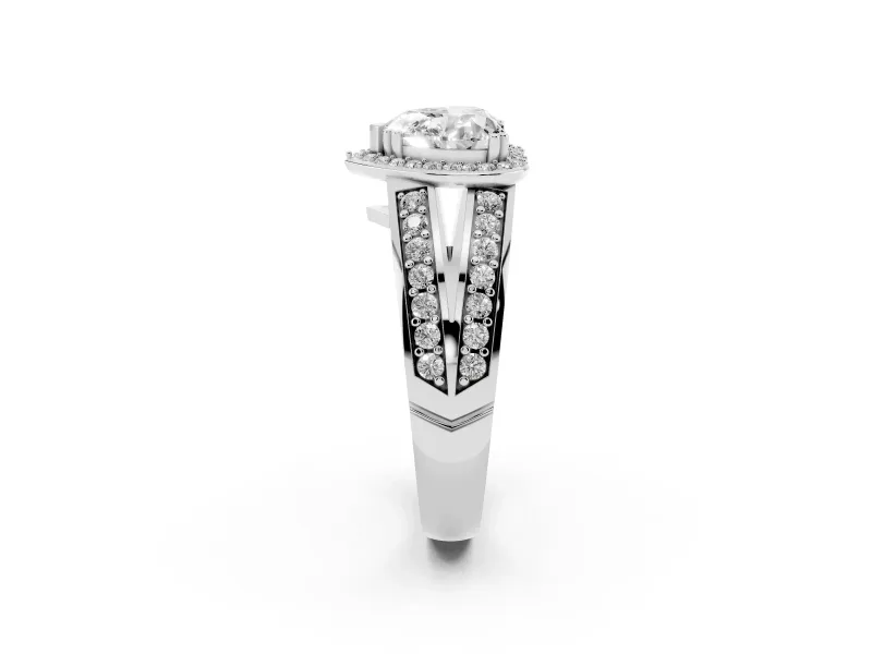 Heart Cut Diamond Halo Ring Set in Silver with Double Pavé Split Shank