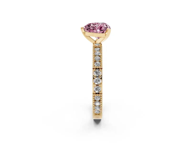 Fancy Pink Heart Cut Diamond Solitaire Ring Set in Yellow gold with Slim Pavé Band and Prong Setting
