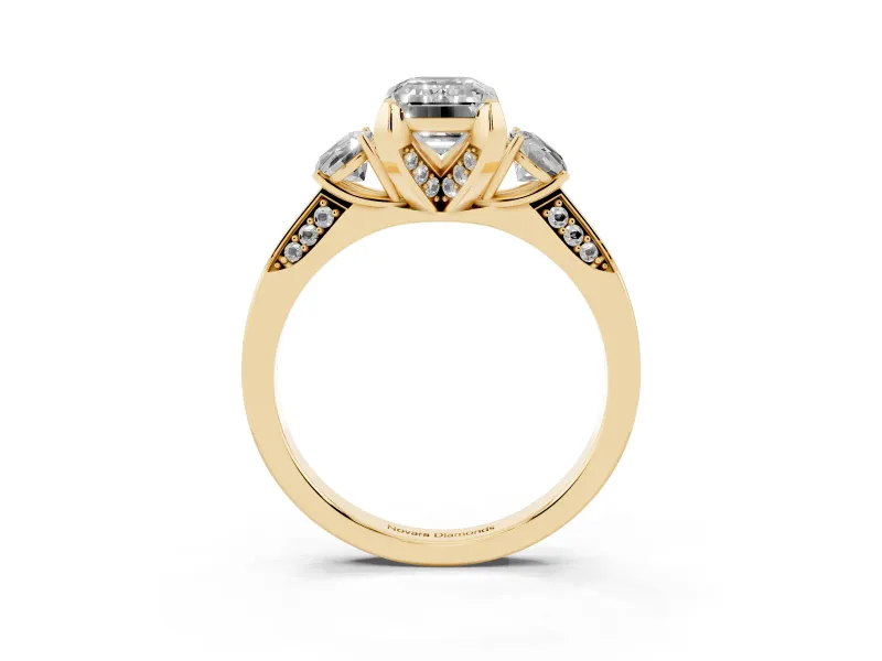 Emerald Cut Hidden Halo Three Stone Engagement Ring Setting | Pave Gallery | Yellow Gold
