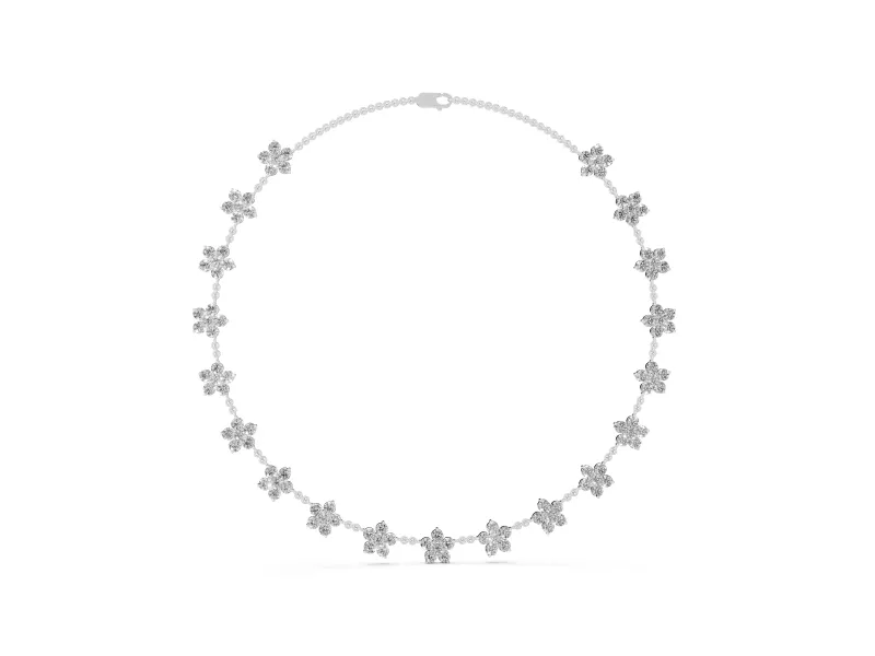 Round Lab-Grown Diamond Floral Cluster Station Necklace | Matching Flowers | White Gold