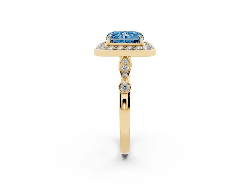 Radiant Cut Halo Engagement Ring Setting for a Fancy Blue Lab-Grown Diamond | Bezel Station Shoulders | Yellow Gold