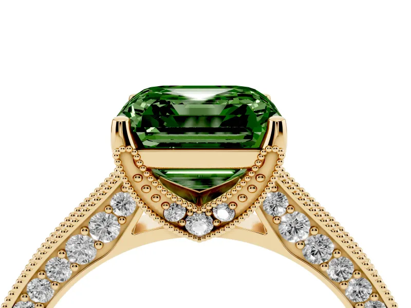Asscher Cut Hidden Halo Engagement Ring Setting for a Fancy Green Lab-Grown Diamond | Milgrain Pave | Yellow Gold