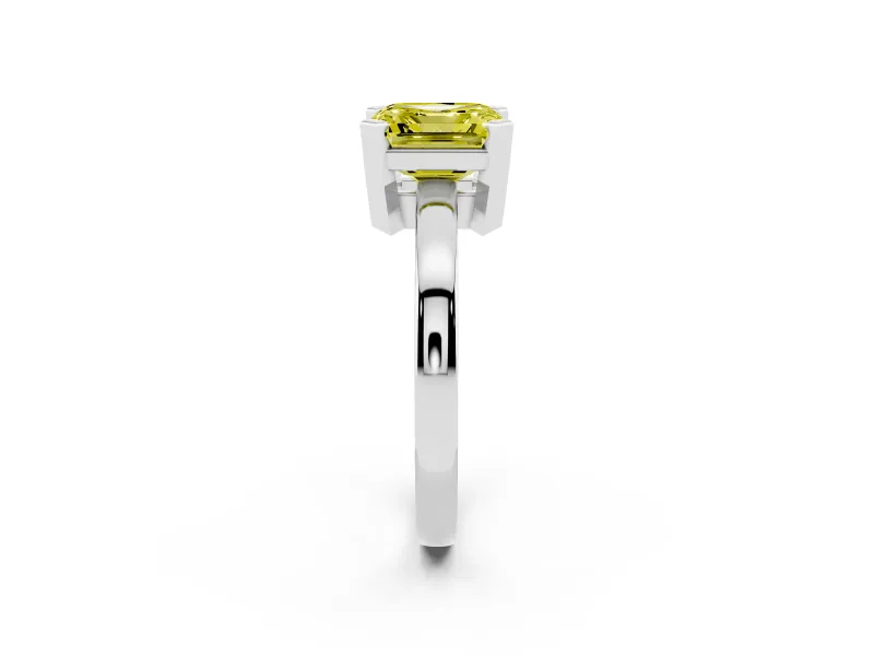 Fancy Yellow Asscher Cut Diamond Solitaire Ring Set in Silver with Prong Head and Smooth Polished Band