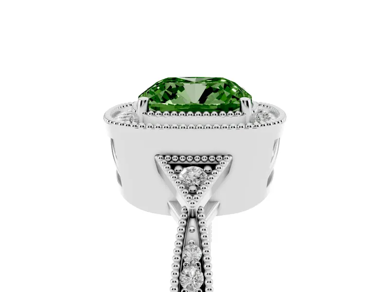 Fancy Green Cushion Cut Diamond Halo Engagement Ring Set in White gold with Milgrain Pavé Band