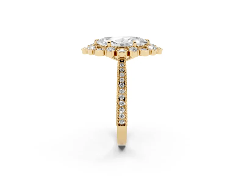 Marquise Cut Diamond Halo Milgrain Pavé Ring Set in Yellow gold with Prong Setting