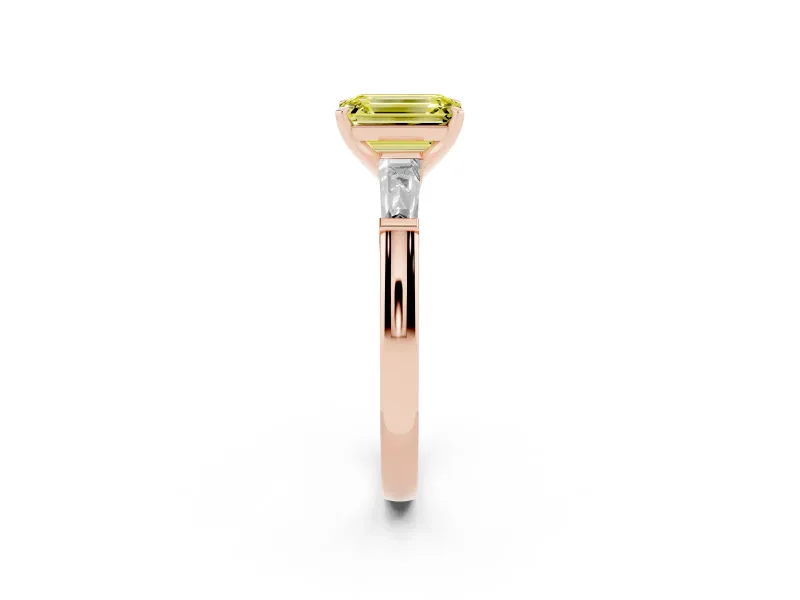 Emerald Cut Three Stone Engagement Ring Setting for a Fancy Yellow Lab-Grown Diamond | Tapered Baguettes | Rose Gold