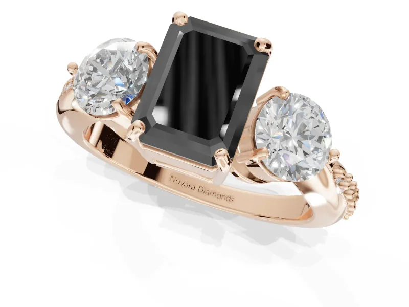 Emerald Cut Three Stone Engagement Ring Setting for a Black Center | Tapered Pavé Band | Rose Gold