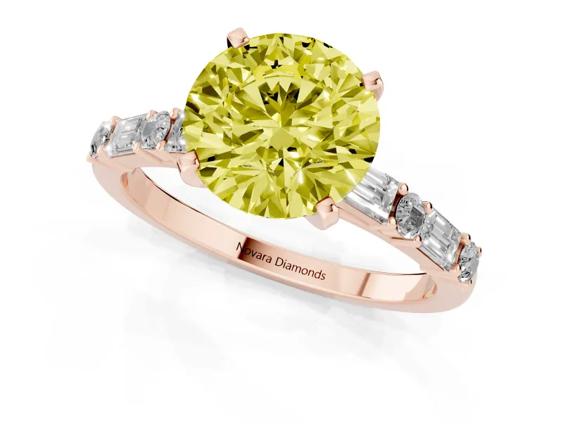 Fancy Yellow Round Cut Diamond Solitaire Set in Rose gold with Side Baguettes and Channel Set Band
