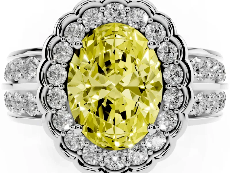 Oval Scalloped Halo Engagement Ring Setting for a Fancy Yellow Lab-Grown Diamond | Double Row Band | White Gold