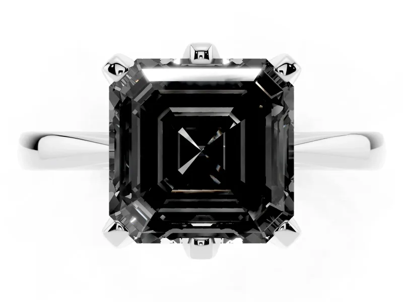 Fancy Black Asscher Cut Diamond Solitaire Engagement Ring Set in Platinum with Slim Tapered Solitaire Band