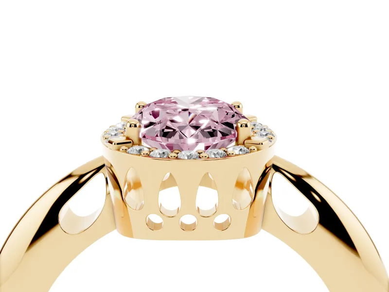 Fancy Pink Oval Cut Diamond Halo Engagement Ring Set in Yellow gold with Plain Split Shank and Prong Setting
