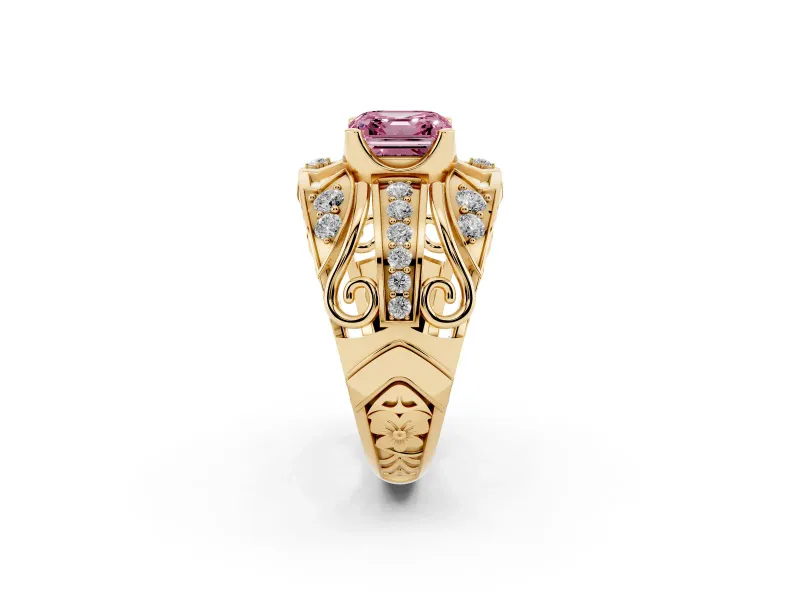 Asscher Cut Art Deco Engagement Ring Setting for a Fancy Pink Lab-Grown Diamond | Yellow Gold