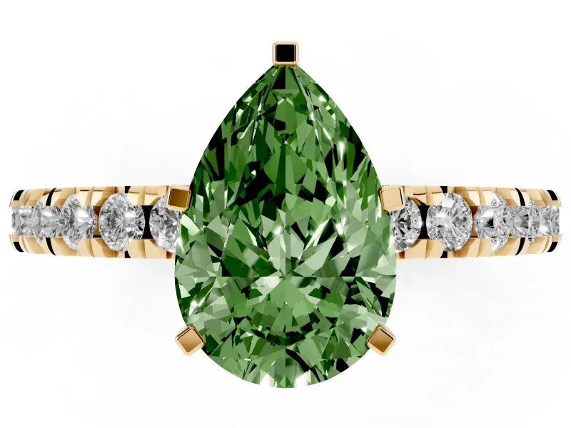 Fancy Green Pear Cut Diamond Pavé Band Solitaire Set in Yellow gold with Prong Setting