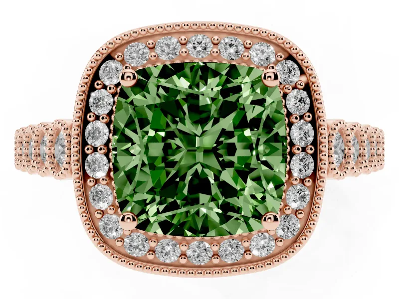 Cushion Cut Graduated Milgrain Halo Engagement Ring Setting for a Fancy Green Lab-Grown Diamond | Rose Gold