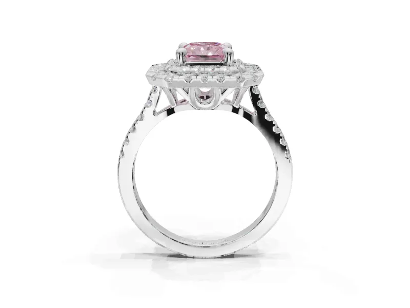 Fancy Pink Radiant Cut Lab-Grown Diamond Double Halo Statement Ring Set in White Gold with Pavé Band
