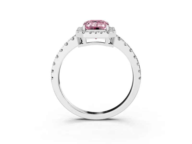 Fancy Pink Emerald Cut Diamond Halo Ring Set in White gold with Delicate Pavé Band and Prong Setting
