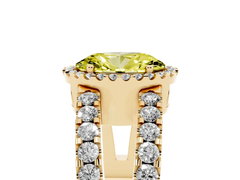 Fancy Yellow Oval Cut Diamond Halo Ring Set in Yellow gold with Pavé Split Shank and Prong Setting