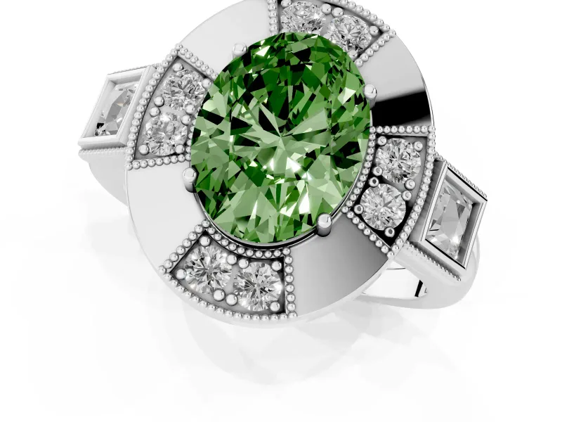 Fancy Green Oval Cut Diamond Milgrain Halo Ring Set in White gold with Split Shank