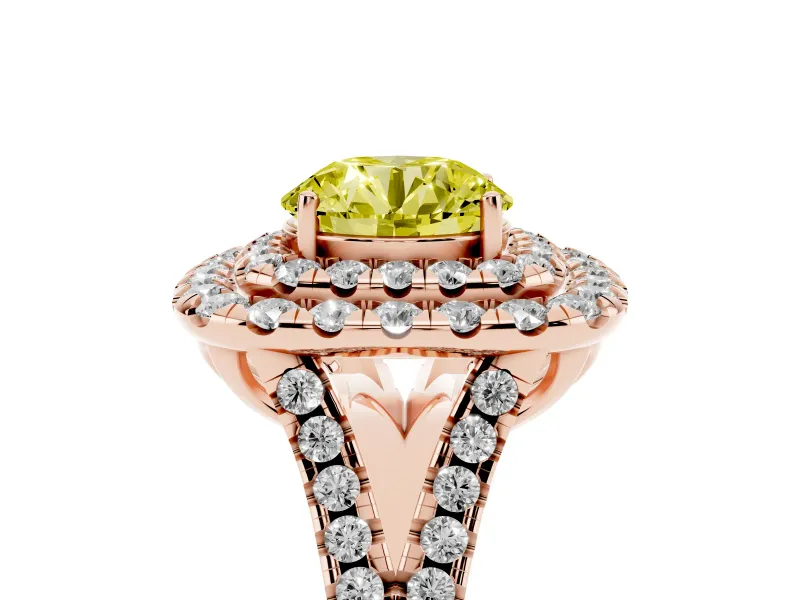 Round Halo Split Shank Engagement Ring Setting for a Fancy Yellow Lab-Grown Diamond | Pavé Strands | Rose Gold