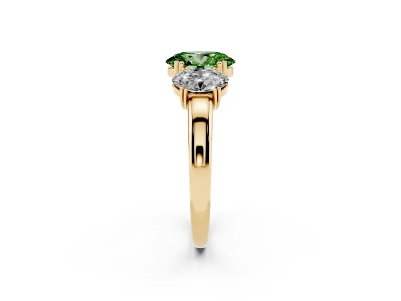 Oval Three Stone Engagement Ring Setting for a Fancy Green Lab-Grown Diamond | Double Claw Head | Yellow Gold