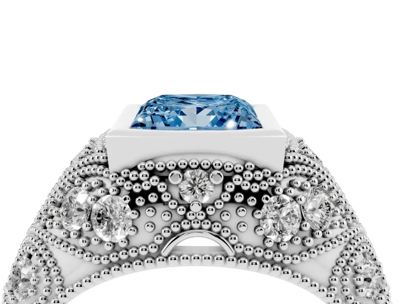 Fancy Blue Princess Cut Diamond Bezel Ring Set in White gold with Milgrain Accent Band