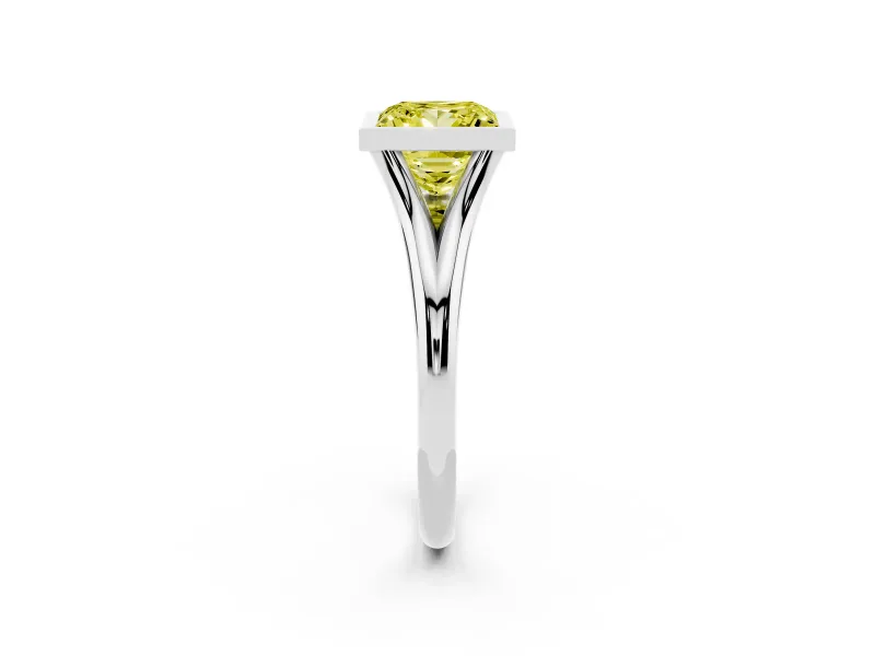 Fancy Yellow Bezel Set Princess Cut Diamond Solitaire Ring Set in Silver with Tapered Band